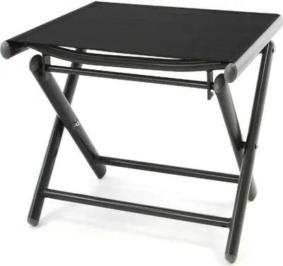 A black folding stool with a dark gray frame against a white background.