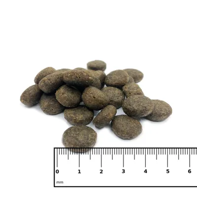 A pile of brown kibble pieces is shown against a white background, with a ruler at the bottom indicating measurements in millimeters.