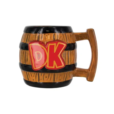 A barrel-shaped mug with the letters 'DK' on the front.