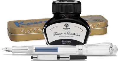 Produktbild von Kaweco Student Füllhalter mit 30 ml Füllhaltertinte, Konverter und Metalletui Transparent, Schwarz