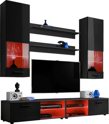 Produktbild von Komodee | Wohnwand Wohnzimmerset RTV Varallo, Korpus Schwarz Matt Frontfarbe Schwarz Hochglanz, LED RGB