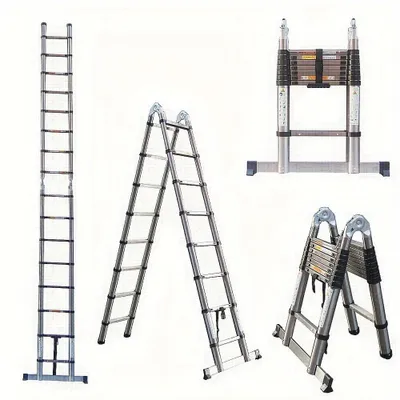Obrázek produktu pro Skládací žebřík - Skládací lešení - Výsuvný žebřík - Teleskopický žebřík - Žebřík s plošinou - 5 metrů - Nerezová ocel