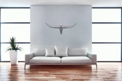 Zdjęcie produktu dla FineBuy, dekoracja ścienna "Róg Byka", 74 cm szerokości, aluminium, srebrna, dekoracja ścienna imitująca róg, element dekoracyjny