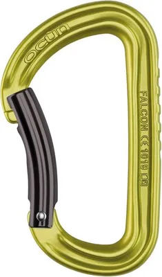 Falcon Bent Karabiner von Ocun; gelb mit schwarzem Griff; für Klettern geeignet.