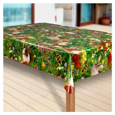 Produktbild von Wachstuch-Tischdecke Abwaschbar für den Garten, PVC Tischdecke, Eckig, Wasserabweisend, Größe: 100x160 cm, Muster: Ostern Blumenwiese Hase