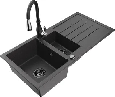 Produktbild von Mexen Andres Granit-Spüle 1,5-Becken mit Abtropffläche und Küchenarmatur Savita, schwarz gesprenkelt - 6515-76-672601-70-B