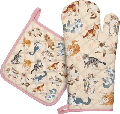 Produktbild von Ofenhandschuhe und Topflappen Set 2 Stück, 100% Baumwolle, Hitzebeständig, Extra Lange Ofenhandschuhe für