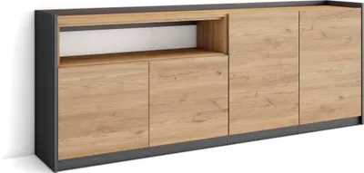 Produktbild von Sideboard, Highboard, 207x37x80cm, 4 Türen, Wohnzimmer, Küche, Eiche Schwarz