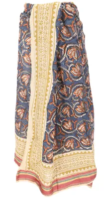 Produktbild von Leichter Pareo Schal, Sarong, Handbedrucktes Baumwolltuch, Lungi mit Webbordüre - Blau/senf, Uni, Baumwolle, 190*120 cm, Sarongs & Tücher