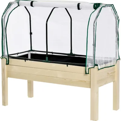 A raised garden bed with a clear plastic cover and a wooden frame, shown against a white background.