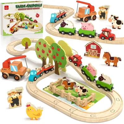 Immagine prodotto di Set di treni in legno - Fattoria - 47 pezzi - Binario in legno per bambini