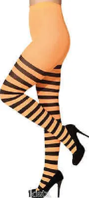 Produktbild von O41015 neonorange-schwarz Damen Streifen Strumpfhose Hexenkleid