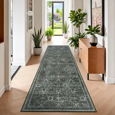 Image de Tapis de couloir boho - Lavable - 65 x 240 cm - Antidérapant - Vert foncé