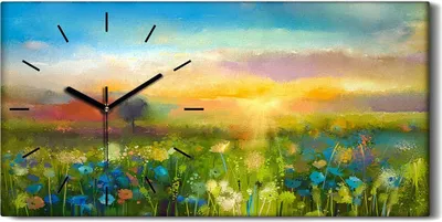 Produktbild von Küchenuhr Bürouhr Leinwand Uhr 60x30 Gemälde Wiese Blumen Himmel Sonnenuntergang - schwarze Hände