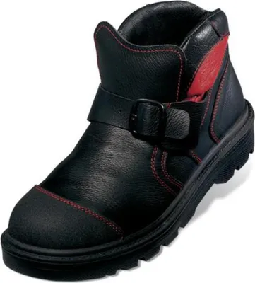 A black work boot with red stitching and red accents on the side, shown against a white background.