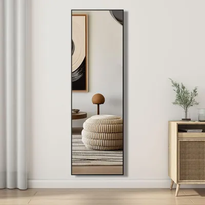 Image de Miroir sur pied 160x40cm, miroir en pied à suspendre ou à poser, avec support, pour Chambre à Coucher, Salon, vestiaire, cadre noir
