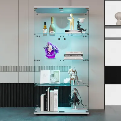 Produktbild von ProximaX Glasvitrine mit 2 Türen und 4 Ebenen – Weißer Vitrinenschrank aus gehärtetem Glas mit Rückwand und LED-Beleuchtung für Wohnzimmer, Esszimmer oder Büro