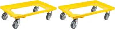 Produktbild von SparSet 2x Transportroller für Euroboxen 60x40cm mit Gummiräder gelb | Offenes Deck | 2 Lenkrollen & 2 Bockrollen | Traglast 300kg | Kistenroller Logistikroller Rollwagen Profi-Fahrgestell