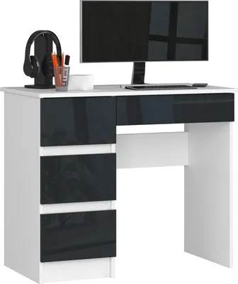 Produktbild von Computerschreibtisch – Schreibtisch – Bürotisch – Büroschreibtisch – 90 cm – Weiß / Graphit Hochglanz – Kompakter Computertisch mit 4 Schubladen links