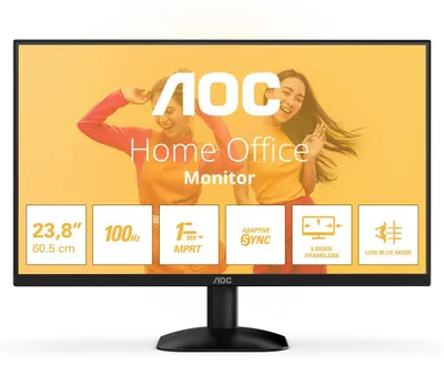 AOC monitor with marketing graphics and text.