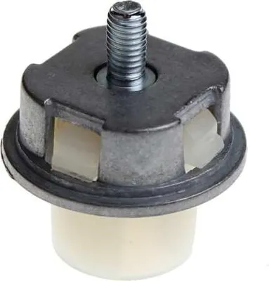 A close-up studio shot of a metal and plastic coupling part for a kitchen machine.