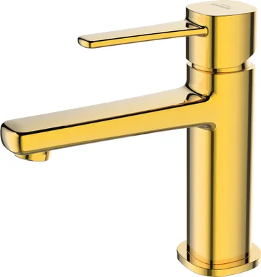 A single gold faucet against a white background.