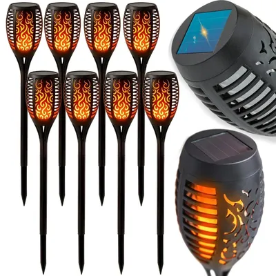 Zdjęcie produktu dla 8x lampa lampka ogrodowa solarna wbijana pochodnia LED efekt płomienia IP44 czarna 50 cm 8 szt