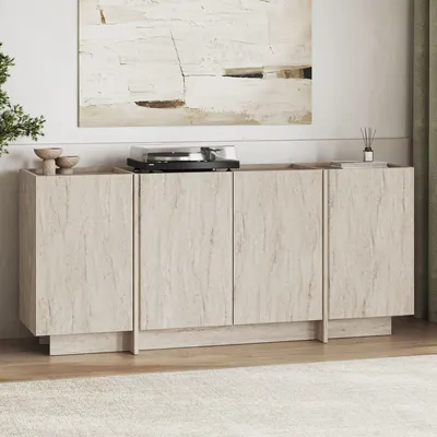 Produktbild von Skye Decor, Hochwertiger Konsolentisch, Travertin, 180 x 80 x 45 cm | 100% melaminbeschichtete Spanplatte, 18 mm dick | Mit zahlreichen Regalen und Soft-Close-Scharnieren, Modernes Design.