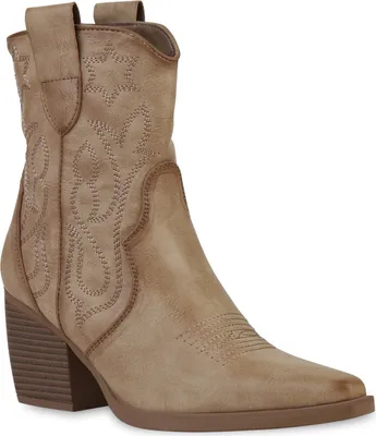 Produktbild von VAN HILL Damen Stiefeletten Cowboy Boots Trichterabsatz Stickereien Schuhe 837779, Farbe: Khaki, Größe: 36