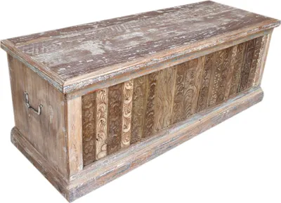 Produktbild von Antike Holzbox, Holztruhe, Couchtisch, Kaffeetisch aus Massivholz, Aufwändig Verziert - Modell 26, Antik-weiß, 48*130*46 cm, Truhen, Kisten, Koffer