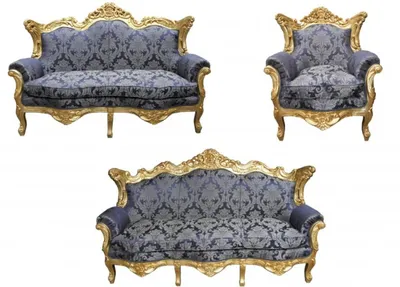 Produktbild von Casa Padrino Barock Wohnzimmer Set Royal Blau Muster / Gold - 3er Sofa, 2er Sofa, 1 Sessel - Hochwertige Luxusmöbel