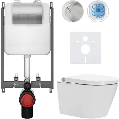 Productafbeelding van Hangtoilet met bidet, Cronus Standard - wit, glanzend - bedieningsknop Prime/Modulo, zilver - voor inbouw - 59,3 x 38,4 cm