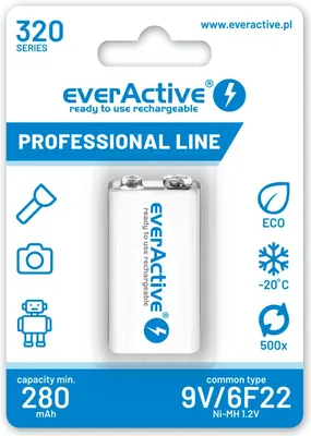 Produktbild von everActive Akku 9V 320 mAh, NI-MH, Block, wiederaufladbar, vorgeladen, höchster Leistung, Professional Line 6F22 HR22 8.4V, 1 Stück - 1 Blisterkarte E