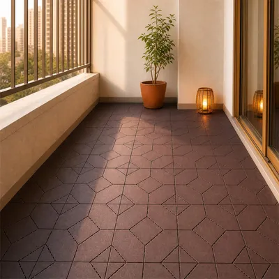 Productafbeelding van 11 terrastegels met kliksysteem, kliktegels, planken voor terras, tuin, balkon, zwembad [bruin – ruitvormig/driehoekig]