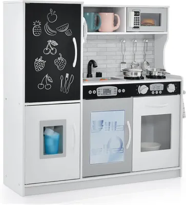 Produktbild von GOPLUS Kinderküche aus Holz, Kinderspielküche mit Mikrowellen, Backofen, Wasserbecken, Kreidetafel & Eismaschine, Spielküche von 3 bis 6 Jahre