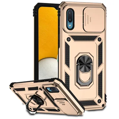 Immagine prodotto di Custodia per Samsung Galaxy A02 a doppio strato con copertura scorrevole della fotocamera e supporto ad anello Oro