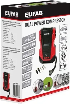The image shows the packaging of a EUFAB Dual Power Kompressor.