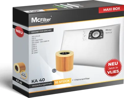 Produktbild von McFilter | 10 Staubsaugerbeutel + Patronenfilter geeignet für Kärcher KFI 357, WD 2 Plus, WD 3, KWD 1-3, SE 4001, SE 4002 | passend wie 2.863-314.0