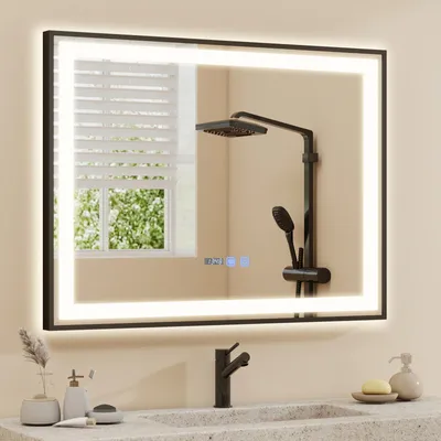 Produktbild von Puluomis Badspiegel 70x50 beschlagfrei mit 3 Farbe Beleuchtung, dimmbare Helligkeit, Badezimmerspiegel mit Digitaluhr, Temperatur schwarz