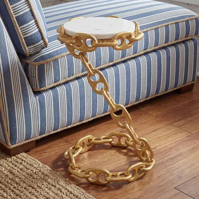 Produktbild von WOHNLING Beistelltisch Metall mit weißer Marmor Tischplatte 31cm rund Anstelltisch Gold Kettengestell Sofatisch Couchtisch Wohnzimmertisch Handmade