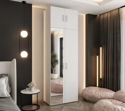 Produktbild von Drehtürenschrank 242x80x48 cm Weiß mit Spiegel und Aufsatz – Moderner Kleiderschrank mit viel Stauraum für Schlafzimmer und Flur