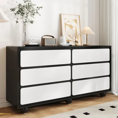 Produktbild von Merax Sideboard mit stabile Metallfüße, stilvolle Kommode mit sechs Schubladen, geräumiger Stauraum, abgerundete Ecken,  Schwarz Weiß