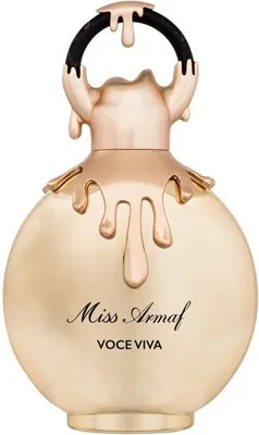 A perfume bottle with a gold, rounded body and a black ring on top, adorned with gold dripping accents.