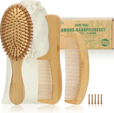 Produktbild von COM-FOUR® 3-teiliges Premium Haarpflegeset, Allzweck-Bürste und zwei Stylingkämme aus Bambusholz, Bambus-Haarbürste und Frisierkamm für jeden Haartyp