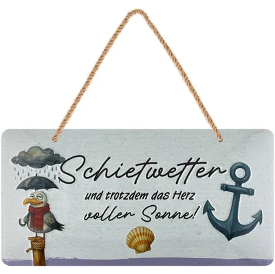 Produktbild von LANOLU Schietwetter Blechschild mit Möwe, maritime Ostsee Deko mit Spruch, Kordelschild, 16x32 cm