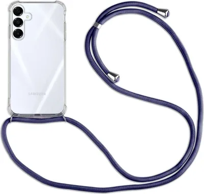 A transparent phone case with a blue lanyard attached to a Samsung phone.