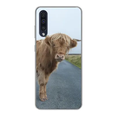 Produktbild von MuchoWow® Handyhülle Schutzhülle Hülle für Samsung Galaxy A30s Scottish Highlander - Straße - Gras Silikon Softcase Handy Hülle - Karteninhaber