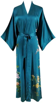Produktbild von Ledamon Damen 100% Seide Kimono Robe Lang Bademantel Nachthemd (Dunkelgrün-b)
