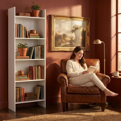 Produktbild von Bücherregal Standregal 5 Fächern, 24 x 50 x 140 cm Weiß | Büroregal, Offen, Für Wohnzimmer, Arbeitszimmer, Büro, Als Raumteiler