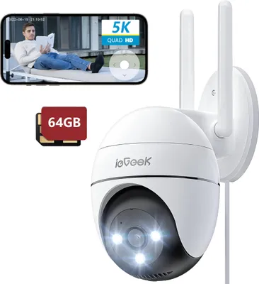 Image de Caméra de surveillance extérieure Wi-Fi Geek 5 MP, caméra IP avec PTZ, audio bidirectionnel, enregistrement 24 h/24, 7 j/7, IP65, vision nocturne couleur, alarme, 64 Go